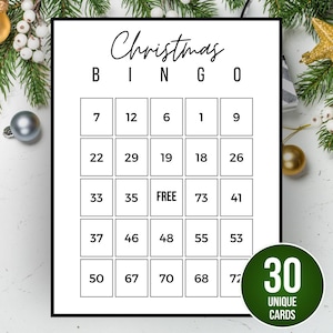 Weihnachts-Bingo, 30 druckbare einfache Weihnachts-Bingokarten mit Zahlen, Schwarz und Weiß, Weihnachts-Familienspiele, lustige Weihnachtsaktivität, Feiertags-Bingo