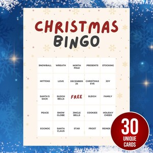 Weihnachts-Bingo, 30 druckbare Weihnachts-Bingokarten, Weihnachts-Familienspiele, Kinder-Weihnachtsparty-Spiel, lustige Weihnachts-Klassenzimmer-Aktivität, Feiertags-Bingo