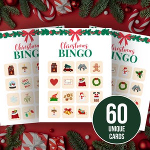 Weihnachts-Bingo, 60 druckbare Weihnachts-Bingo-Karten, Weihnachts-Familienspiele, Kinder-Weihnachtsparty-Spiel, lustige Weihnachts-Klassenzimmer-Aktivität, Feiertags-Bingo