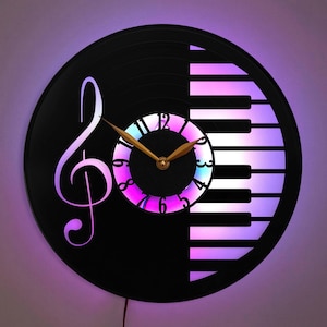 Piano Wall Clock, Musical Notes Clock, Treble Clef and Keyboard Clock, LED Music Lover Clock, Piano Room Decor, Music Studio Clock