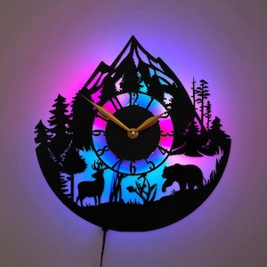 Mountains Clock, Wild Life Clock, Bear and Deer Decor, Nature Decor, Forest Scene Clock, Outdoorsman Gift, Nature Lover Gift