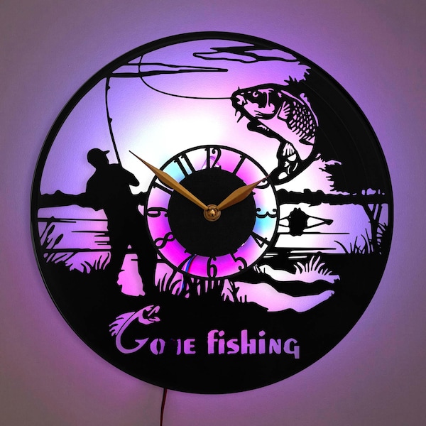 Fishing Wall Clock, Fisherman Room Clock, LED Fishing Clock, Lake House Wall Art, Angler Gift Clock
