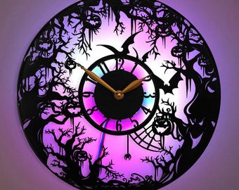 Halloween clock, Haunted Forest Clock, Spooky Tree Design Clock, Pumpkin and Bat Clock, Halloween Decor Clock