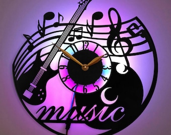 Music Wall Clock, Guitar and Notes Clock, Treble Clef and Guitar Clock, Musical Notes Wall Art