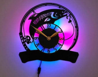 Reloj de pesca, reloj de pez, decoración de pesca, idea de regalo de pesca, decoración de pescador, reloj con diseño de pez y anzuelo