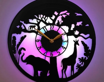 Elephant clock, Africa clock, Safari Wall Clock, Jungle Animals Clock, Elephant and Giraffe Design Clock, Wildlife Decor