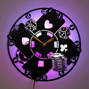 Horloge de poker, décoration de poker, horloge de casino, horloge de dés, horloge de jetons de poker, décoration de jeu de cartes, horloge de décoration de casino, oeuvre d'art murale de salle de jeux