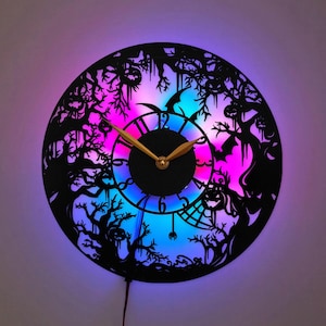 Halloweenklok, Haunted Forest-klok, Spooky Tree-ontwerpklok, pompoen- en vleermuisklok, Halloween-decorklok