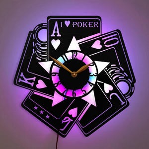 Horloge de poker, décoration de jeux de cartes, horloge sur le thème du casino, décoration de jeux de hasard, cadeau pour joueur de poker, horloge de salle de jeux, oeuvres d'art cartes à jouer