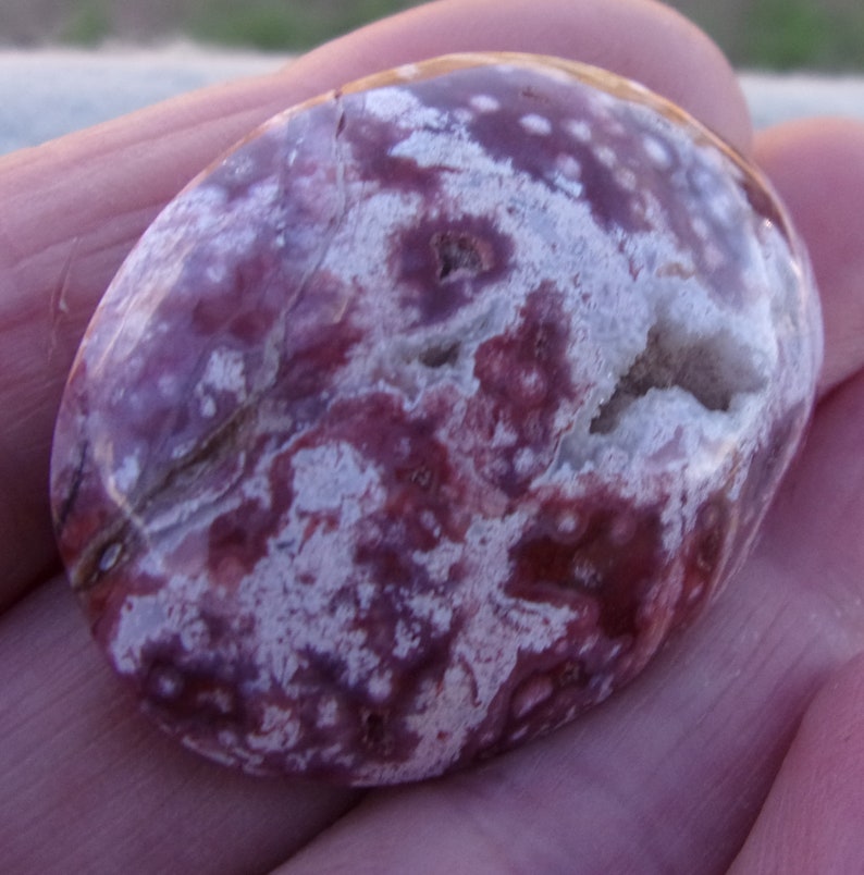 by JewelryArtistry Gorgeous Druzy Pocket Outstanding Orbicular Pattern Maroon /& White Ocean Jasper Cabochon GC320 Handmade Oval Plum