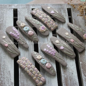 Hand Embroidered Floral Hair Clip Set: Linen Snap Clips