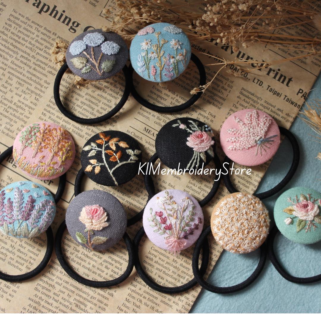 Hand Embroidered Floral Hair Tie: Linen Fabric
