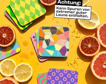 Cork coasters for cocktails, dopamine style, bright colors, feel-good, checkerboard