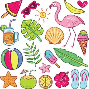 Könnte beinhalten: Eine Sammlung farbenfroher Illustrationen zum Thema Sommer. Enthält einen rosa Flamingo, Sonnenbrillen, ein Wassermelonen-Eis am Stiel, einen Strandball, eine Muschel, eine Banane, ein Eis und andere tropische Elemente.