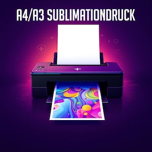 May include: A black printer with a white sheet of paper being fed through it. The printer is printing a colorful abstract design onto a sheet of paper. The text "A4/A3 SUBLIMATIONDRUCK" is at the top.