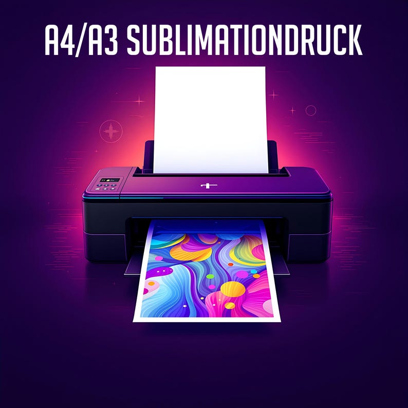 May include: A black printer with a white sheet of paper being fed through it. The printer is printing a colorful abstract design onto a sheet of paper. The text "A4/A3 SUBLIMATIONDRUCK" is at the top.