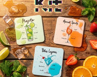 Cocktail Cork Coasters with Recipes - Colorful Cork Coasters for Summer Decor & Home Bar, Housewarming Gift and Mother's Day