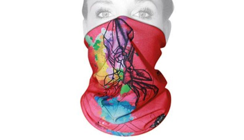 May include: A red face covering with a colorful abstract design featuring a black outline of a sea creature. The design incorporates shades of pink, purple, blue, and yellow. The face covering is shown against a white background.