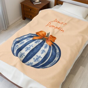 Custom Name Autumn Blanket, Cozy Velveteen Plush Blanket for Comfort and Warmth | Personalized Pumpkin Gifts, Soft Touch, Family Blanket