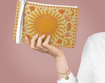 Quilted Sun & Flower Clutch Bag: Boho Style Wristlet