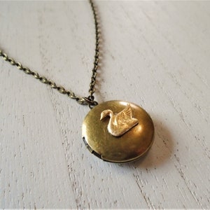 Swan Locket Necklace Brass Antiqued Round Swan Necklace Swan Jewelry image 2