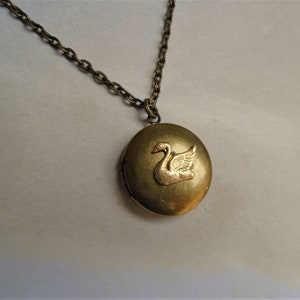 Swan Locket Necklace Brass Antiqued Round Swan Necklace Swan Jewelry image 3