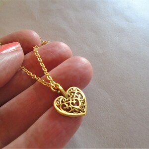 Gold Heart Necklace Gift Antique Gold Heart Filigree Heart Pendant Heart Jewelry Minimalist Gift for Wife Girlfriend