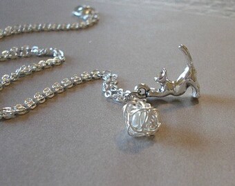 Cat Necklace Silver Kitty Necklace with Ball of Yarn Necklace Silver Cat Charm Pendant Cat Jewelry