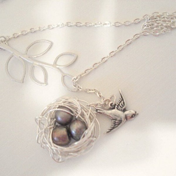 Bird Silver Nest Necklace Mother's Day Gift Leaf Branch Pendant Mom Child Necklace Bird Jewelry