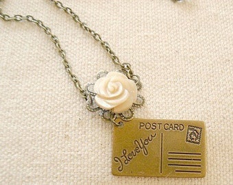 Postcard Necklace Brass Love Letter Pendant Love Letter Necklace Miss You Jewelry Missing you Mom Necklace