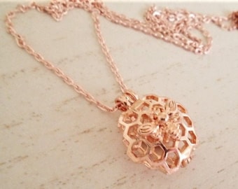 Rose Gold Bee Locket Necklace: Honeycomb Pendant, Aromatherapy Diffuser