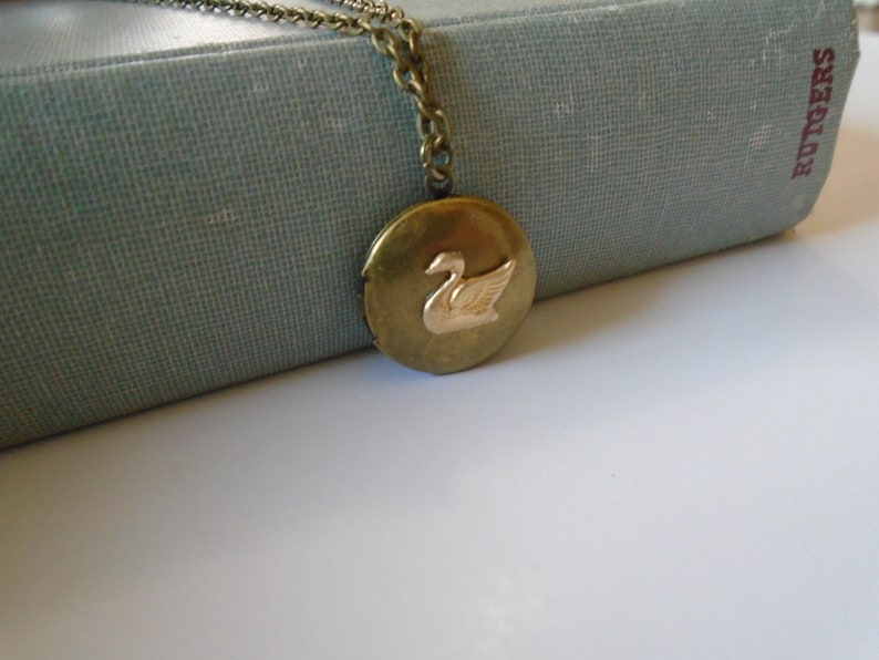 Swan Locket Necklace Brass Antiqued Round Swan Necklace Swan Jewelry image 4