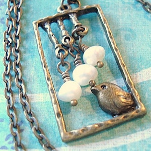 Brass Bird in Window Necklace, Hanging Pearl Pendant