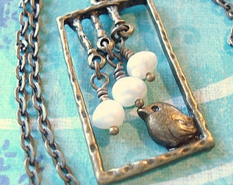 Bird in a Window Necklace Hanging Pearls Pendant Brass Sparrow Pendant Bird Jewelry