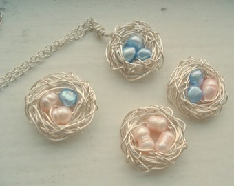 Nest Necklace Gift Bird Nest Necklace Nest Jewerly Mom Sister Friend Expecting Pregnancy Nest Blue and Pink Blush Beads