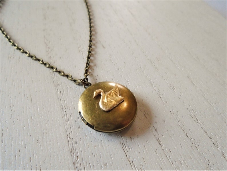 Swan Locket Necklace Brass Antiqued Round Swan Necklace Swan Jewelry image 2