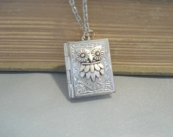 Owl Necklace Bird Locket Silver Book Locket Gift for Her Owl Jewelry