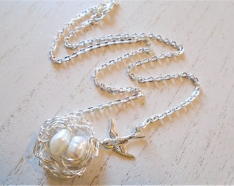 Bird Nest Necklace Silver Bird Nest Pendant Mom Child Necklace  Birdnest Pendant  Bird Jewelry