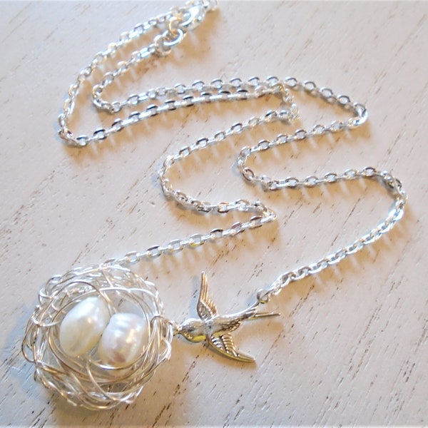 Bird Nest Necklace Silver Bird Nest Pendant Mom Child Necklace  Birdnest Pendant  Bird Jewelry