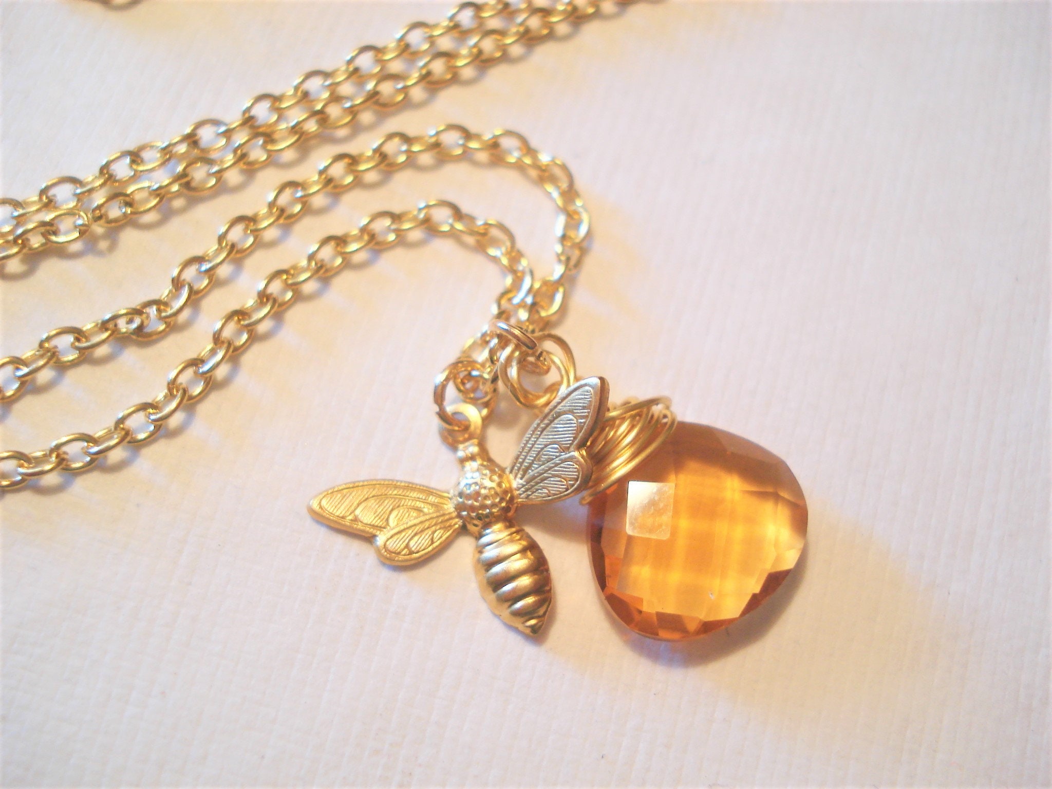 Gold Bee Necklace Honeybee Pendant Topaz Jewelry Bee Jewelry Etsy