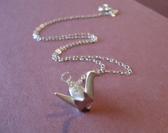 Silver Origami Crane Pendant Bird Necklace: Mom gift