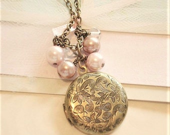 Brass Locket Necklace with Pearls Locket with Pearls Round Brass Locket Flower