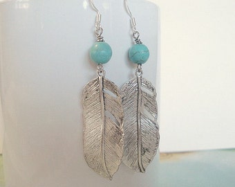Silver Feather Earrings with Turquoise Beads – Southwest Style Handmade Jewelry