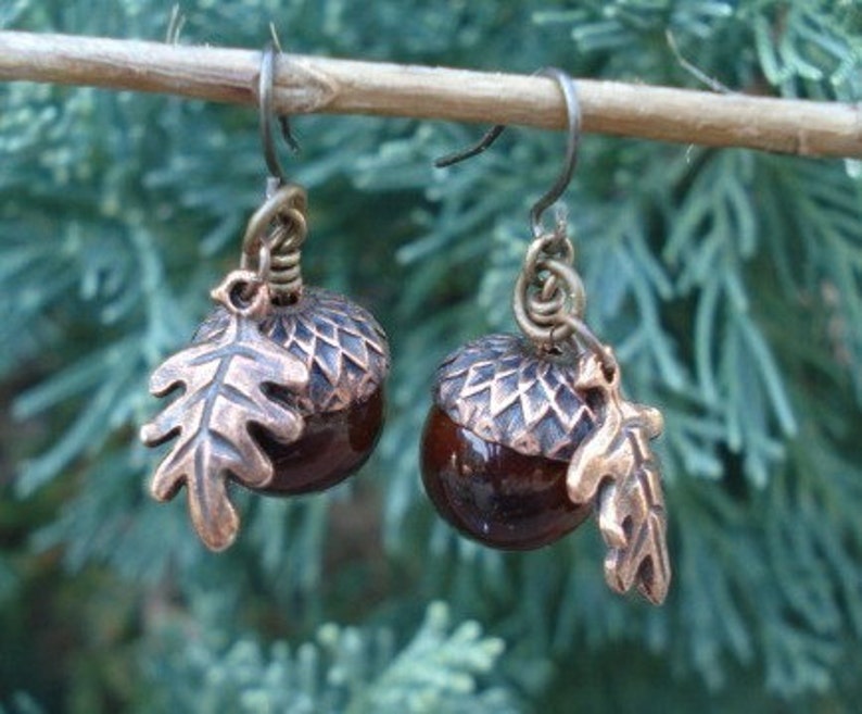 Acorn Earrings Acorn Jewelry Copper Acorn Earrings Rustic Acorn Oak Leaf Earrings Jewelry image 4