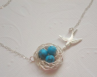 Bird Nest Necklace Mothers Day Gift Turquoise Nest Necklace Mom Necklace Silver Bird Necklace  Eggs Beads with Birds