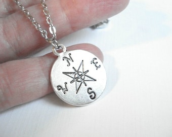 Compass Necklace Silver Pendant North South Silver Disc Necklace