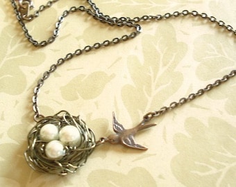 Bird Nest Necklace Pearl Birdnest Mama Bird's Nest Pendant with Pearls Wire Wrapped Nest Jewelry