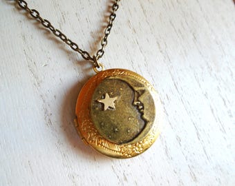 Vintage Brass Moon Locket Necklace: Celestial Star Charm