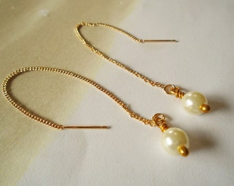 Long Gold Chain Pearl Earrings Pearl Threader Earrings Long Gold Chain Earrings Pearl Drop Earrings Dangle Modern Earrings