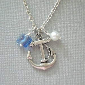 Anchor Necklace Nautical Necklace Silver Anchor Beach Pendant with Pearl and Blue Sea Bead - Anchors Away